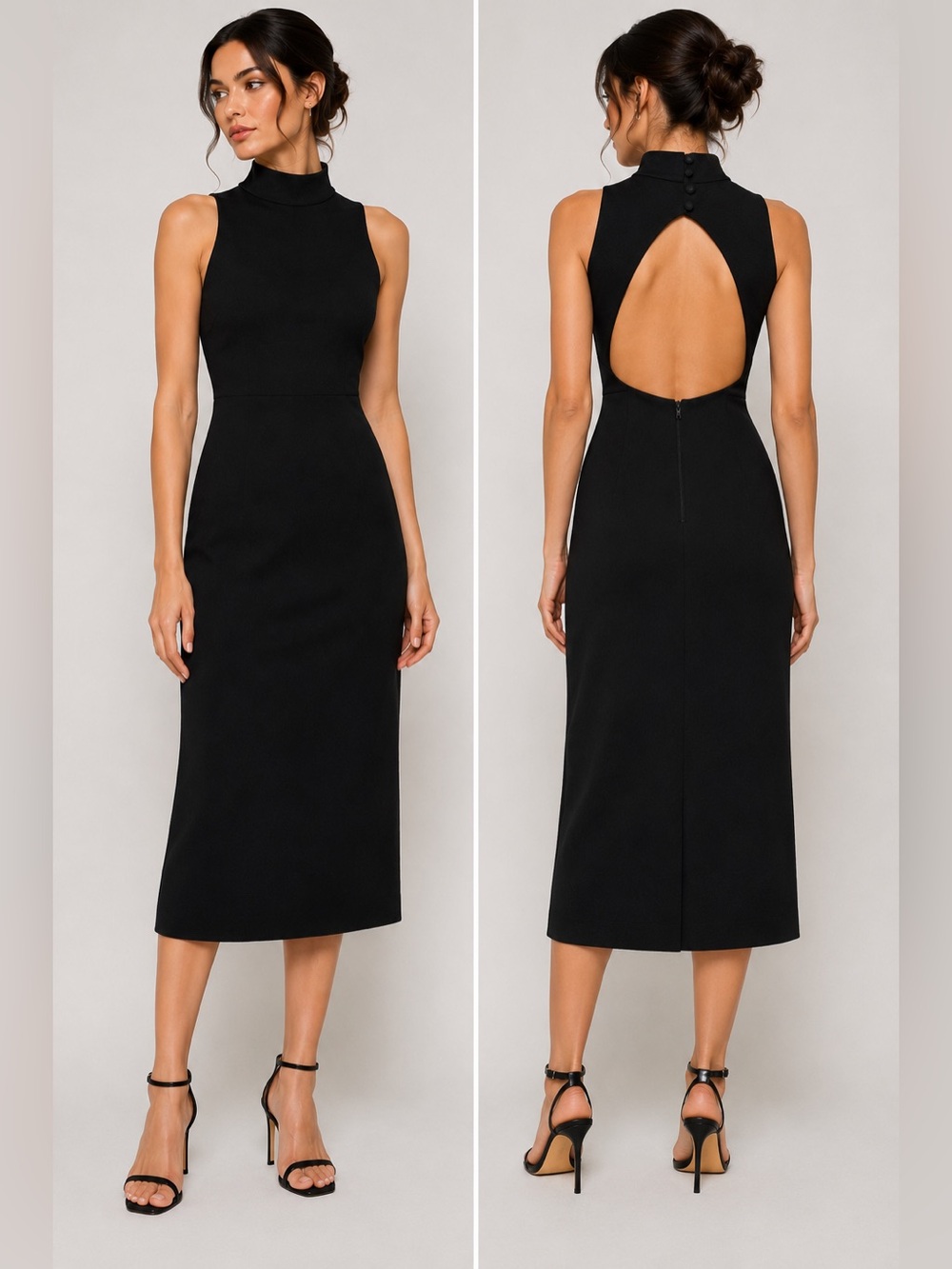 Alice + Olivia Black Sleeveless Mock Neck Open-Back Midi Dress